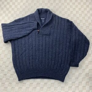 Vintage Lands End Sweater Mens Extra Large Blue Wool Shawl Collar Fisherman USA